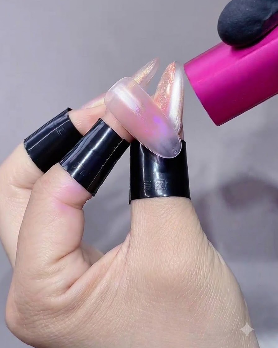 Eine pinke UV/LED-Handlampe härtet die orange-rote Blush-Pigmentschicht auf der Nagelverlängerung aus.