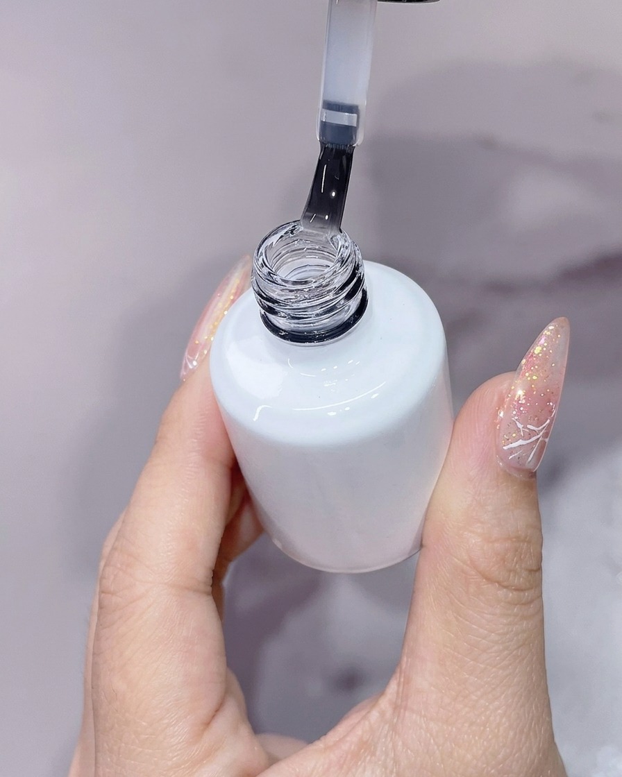 Eine Hand hält eine offene weiße Top-Coat-Flasche mit abgehobenem Pinselapplikator und zeigt klare Fläschchenflüssigkeit vor hellem Hintergrund.