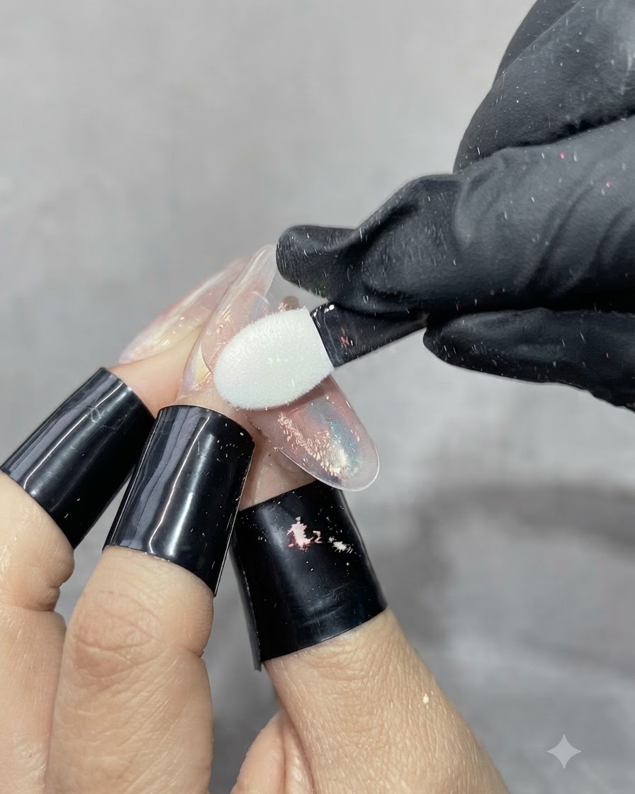 Eine be Handschuh bedeckte Hand reibt mit einem weißen Schwamm-Lidschatten-Applikator Aurora-Puder auf eine transluzente Nagelverlängerung.