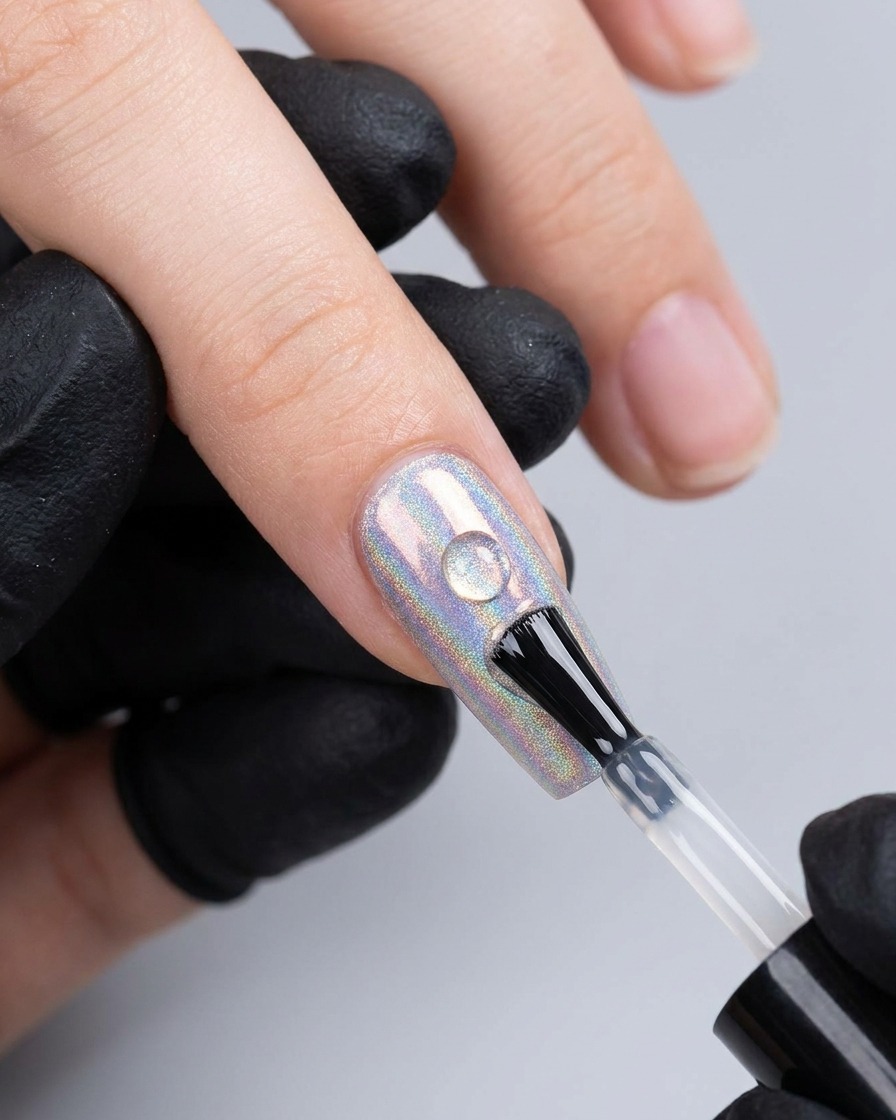 Ein Pinsel trägt einen klaren Tropfen Aufbau-Gel auf die Mitte eines holografischen Nagels auf.