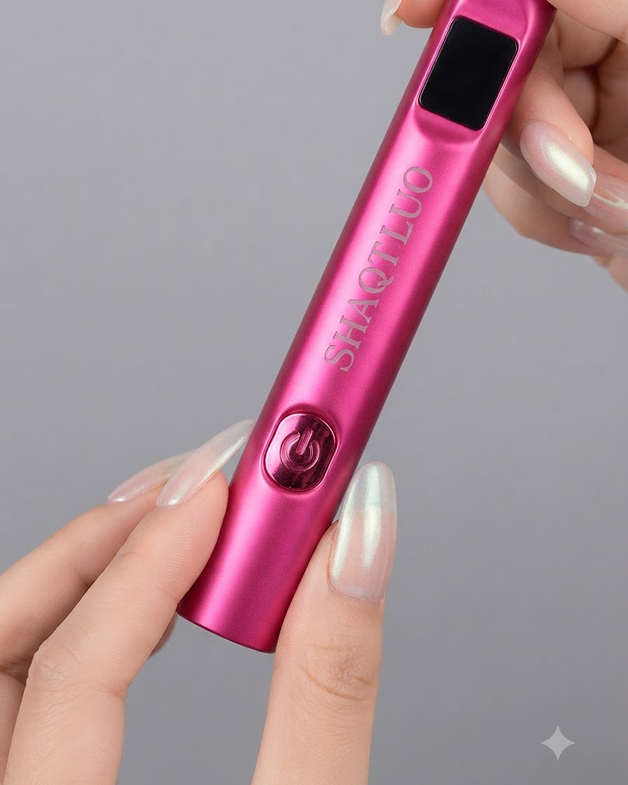 Eine Person hält eine pinke, stabförmige Konvergenzlichtlampe in die Nähe fertiger Nägel.