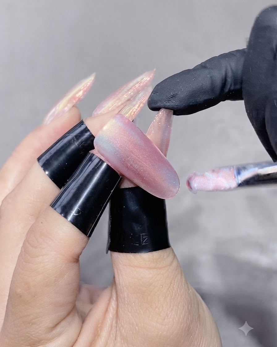 Ein Nagelpinsel trägt ein schimmerndes Cat-Eye-Gel auf eine verlängerte Nagelverlängerung auf.