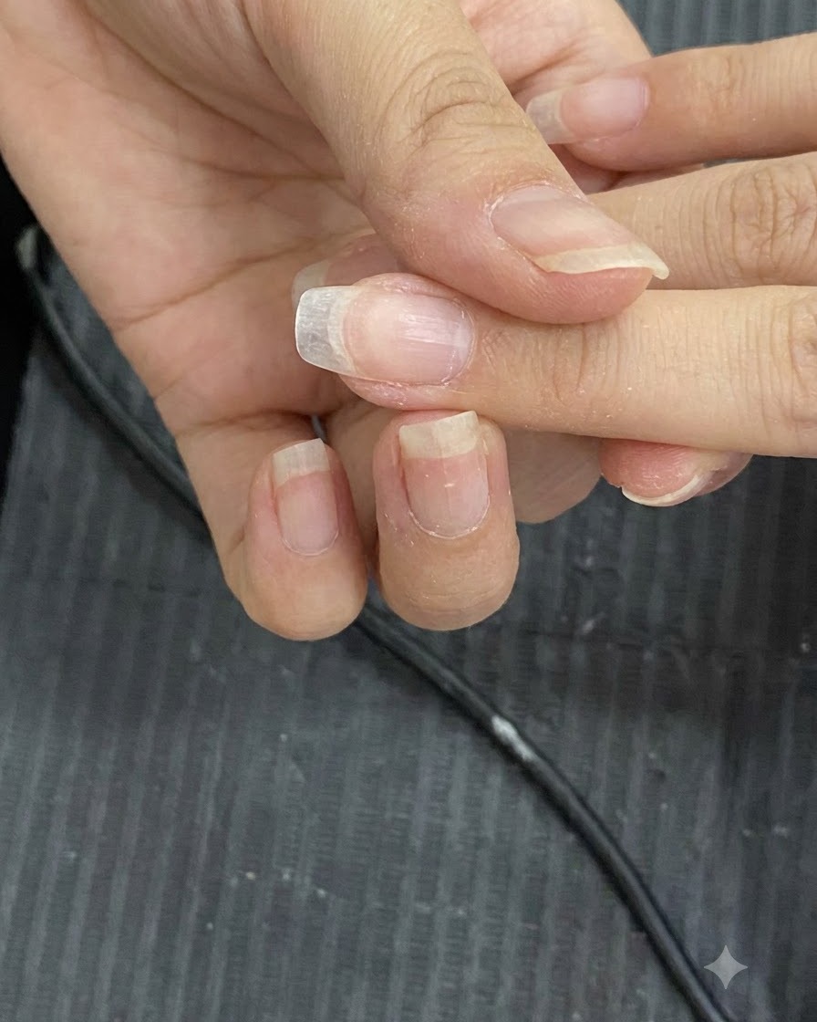 Eine Handfeile feilt die Kanten transparenter Nagelverlängerungen in Form.