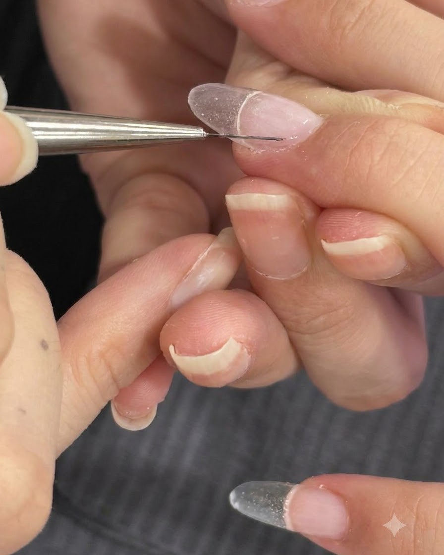 Ein feiner Liner-Pinsel glättet das Aufbaugel im Nagelhautbereich.