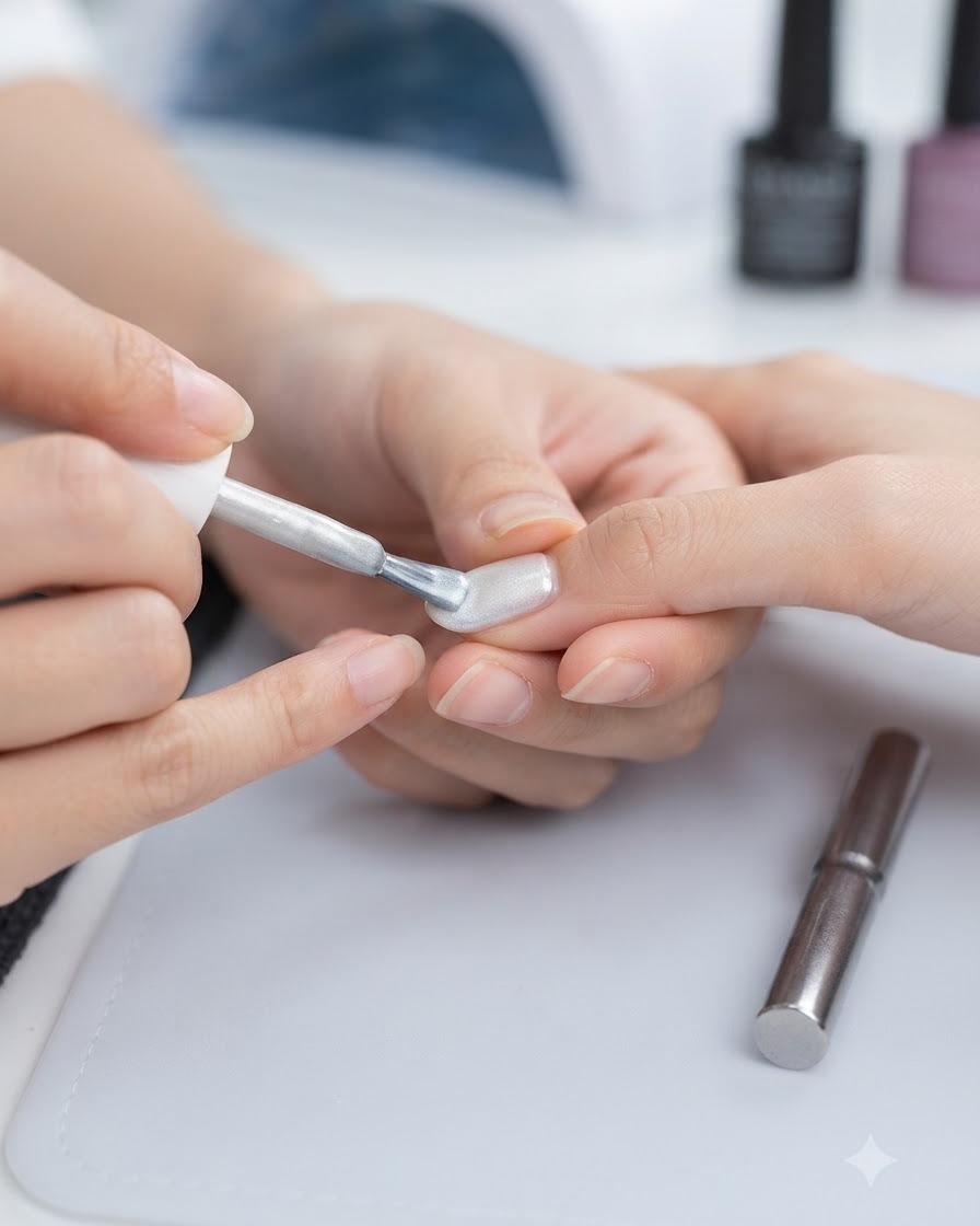 Ein Nagelpinsel trägt eine Schicht schimmerndes, milchweißes Cat-Eye-Gel auf einen Fingernagel auf.