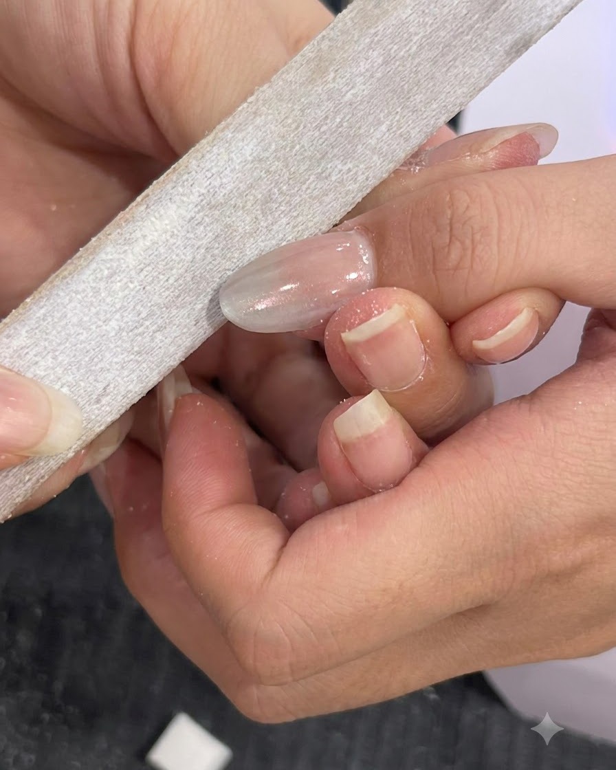Eine Handfeile formt und säubert sanft die Kanten eines fertigen Nagels.