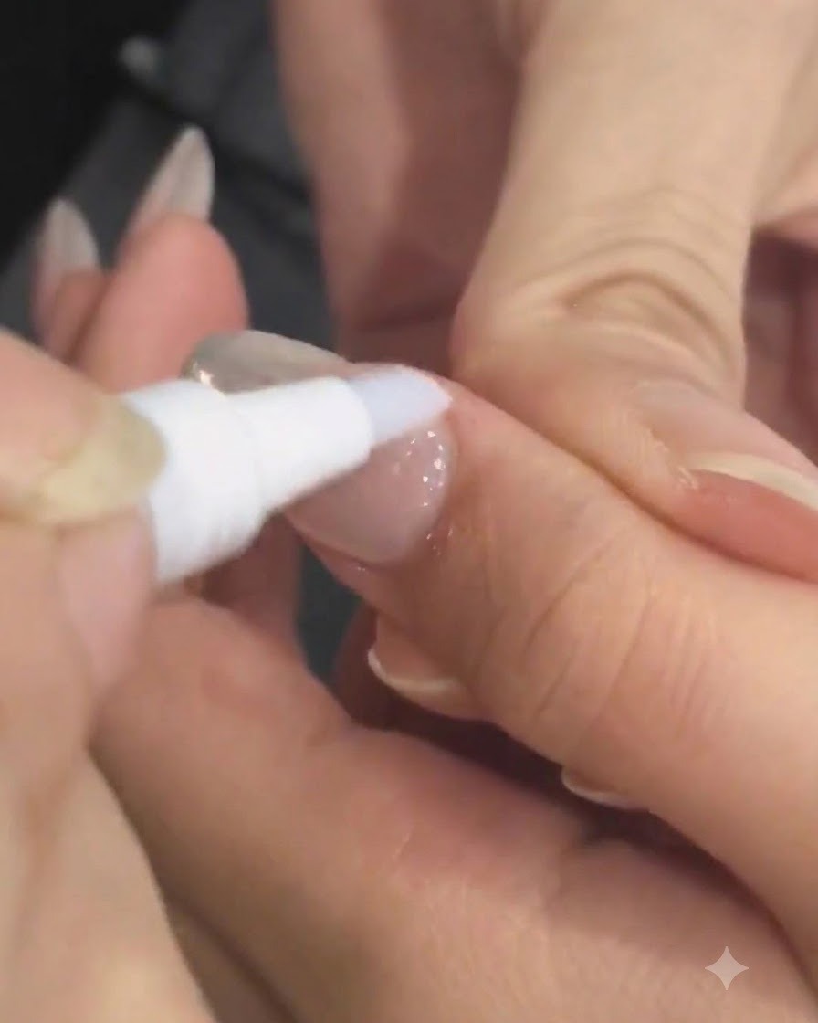 Ein Nagelöl-Stift trägt pflegendes Öl auf den Nagelhautbereich einer fertigen Maniküre auf.