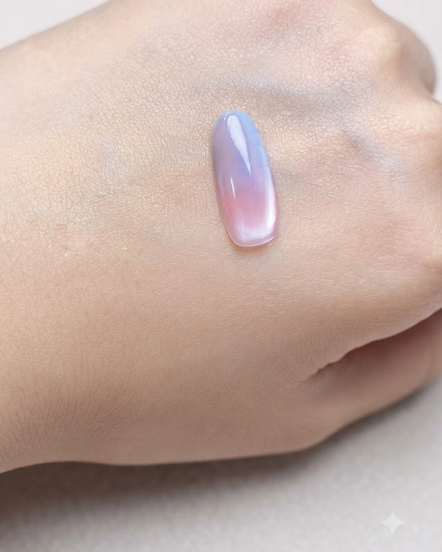 Eine Nagelspitze unter einer Aushärtungslampe, nachdem der magnetische Cat-Eye-Effekt angewendet wurde.