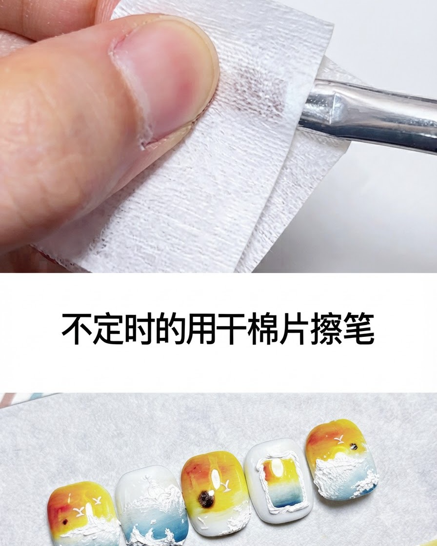 Ein Nagelkunstpinsel wird auf einem trockenen Wattepad sauber gewischt.