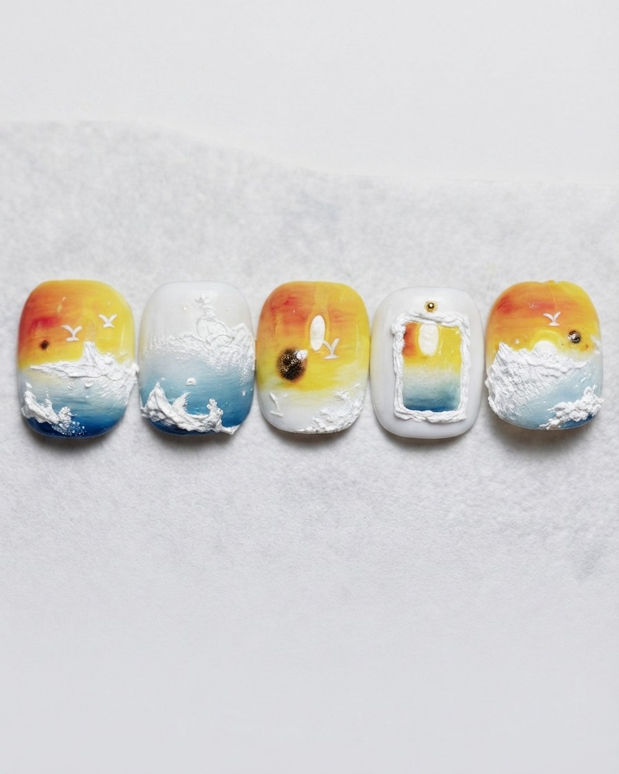 Ein Pinsel trägt goldgelbes Gel auf den oberen Teil eines Nagels auf.