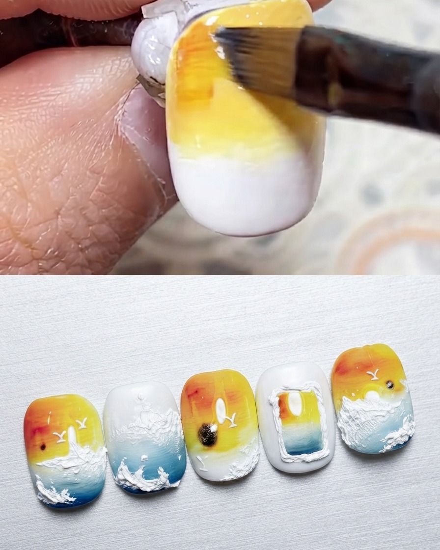 Ein Pinsel trägt goldoranges Gel auf die Oberseite des Nagels auf.
