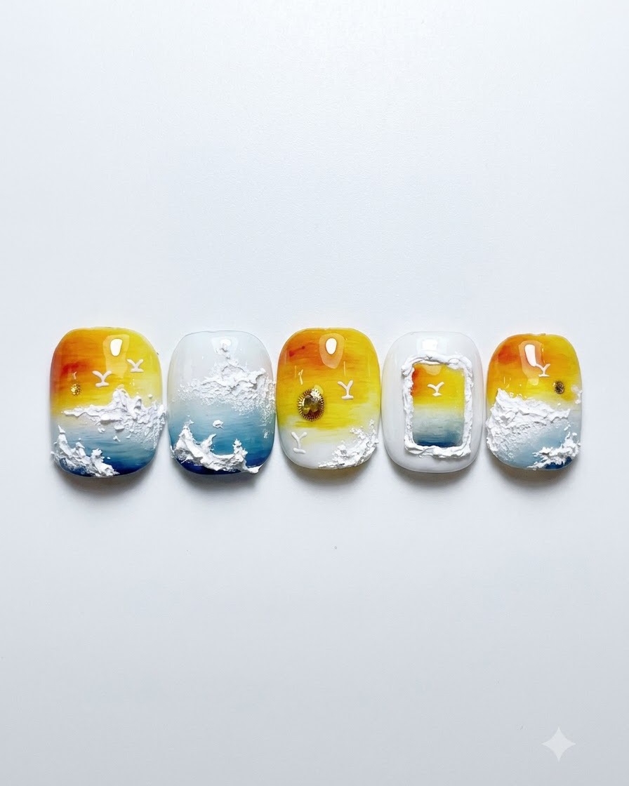 Ein Dotting-Tool platziert einen kleinen goldenen Cat-Eye-Gelpunkt auf einen gelb-blauen Sonnenuntergangs-Farbverlaufsnagel.