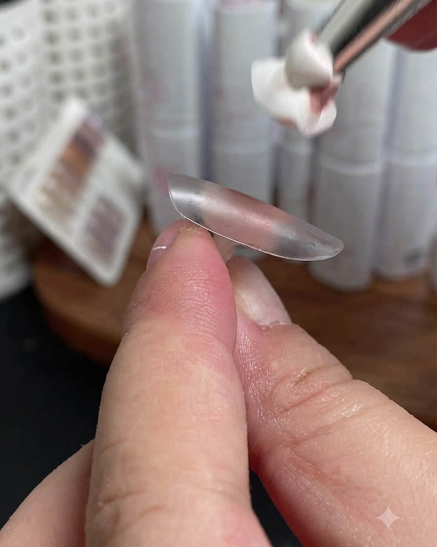 Ein Pinsel trägt einen hellen Rosa Base Coat auf einen klaren Nagel-Tip auf.