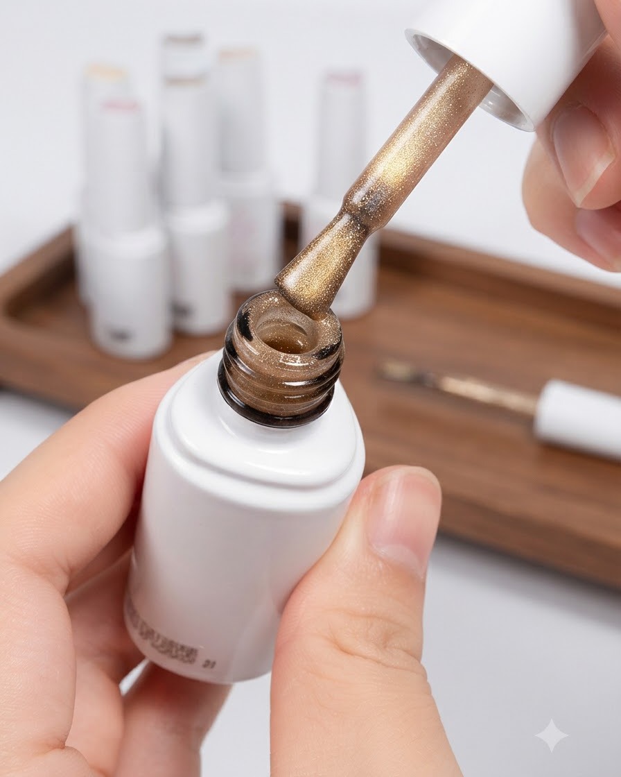 Ein Pinsel zieht goldenen Cat-Eye-Lack aus einer weißen Flasche.