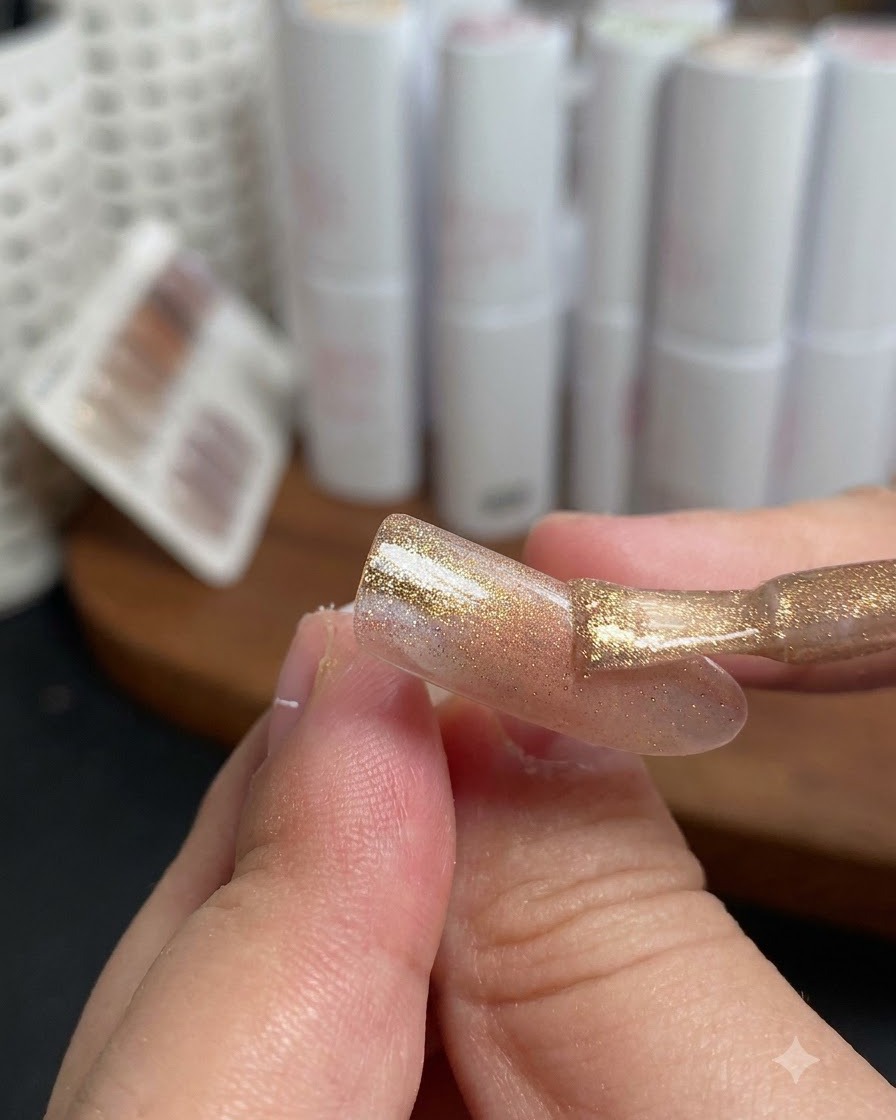 Ein Pinsel trägt goldenen Cat-Eye-Lack auf, während die Schimmerausrichtung auf dem Nagel-Tip gezeigt wird.