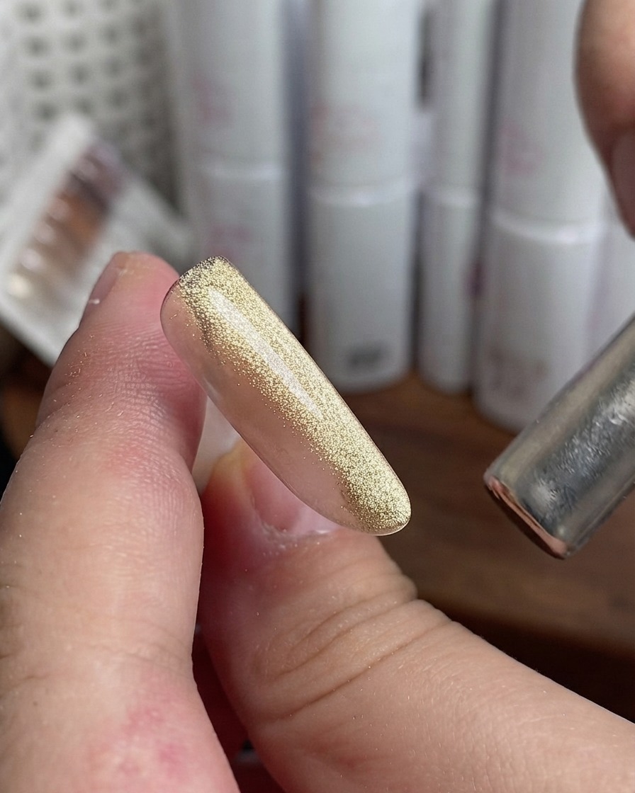 Ein Zeigefinger-Nagel-Tip mit goldenem Cat-Eye-Lack neben einem Magneten.