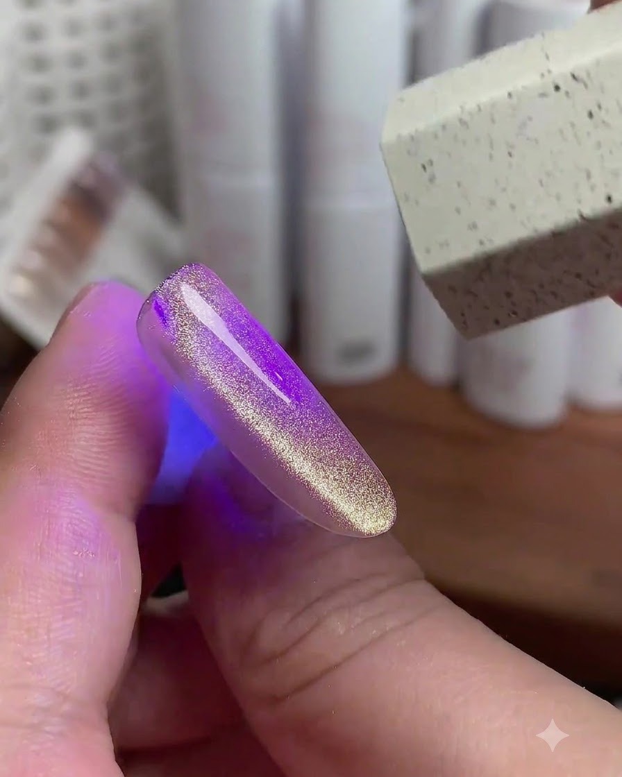 Ein violettes UV-Licht härtet den goldenen Cat-Eye-Nagellack mit einem Werkzeug in der Nähe aus.