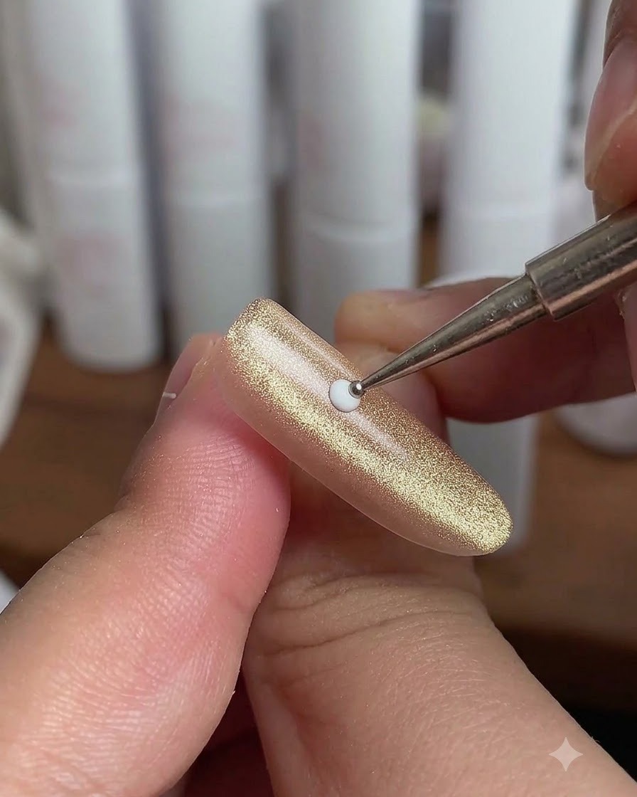 Nahaufnahme einer Nageldesignerin, die mit einem Dotting Tool kleine weiße Punkte um einen zentralen Punkt auf einem goldenen Cat-Eye-Nagel platziert.