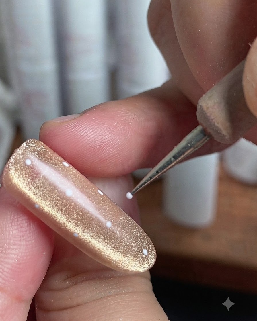 Ein Fingernagel mit weißem Punktmuster wird unter einer UV-Nagellampe ausgehärtet.