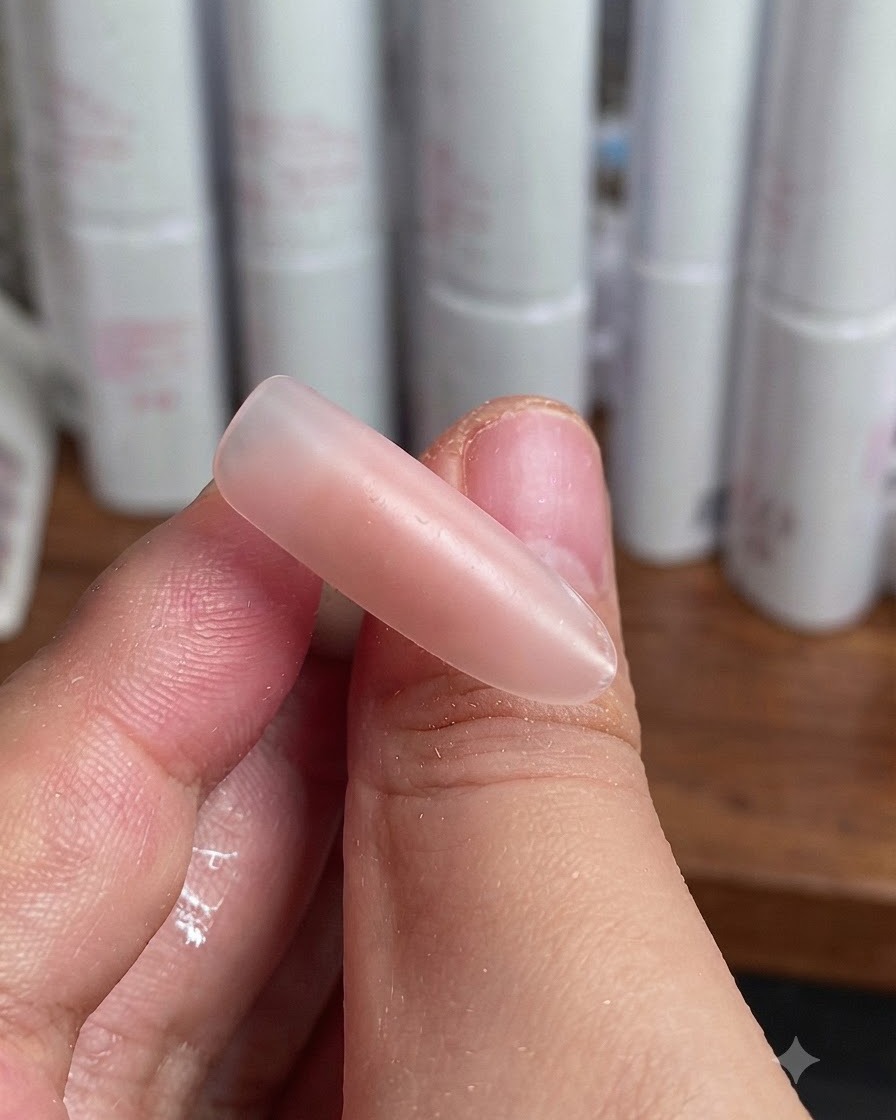 Ein dünner Liner-Pinsel zieht eine diagonale weiße Linie über einen hellen Rosa Nagel.