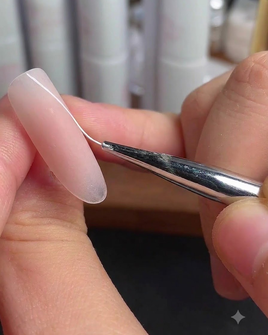 Ein Liner-Pinsel fügt parallele weiße diagonale Linien auf einem Ringfinger-Nagel hinzu.