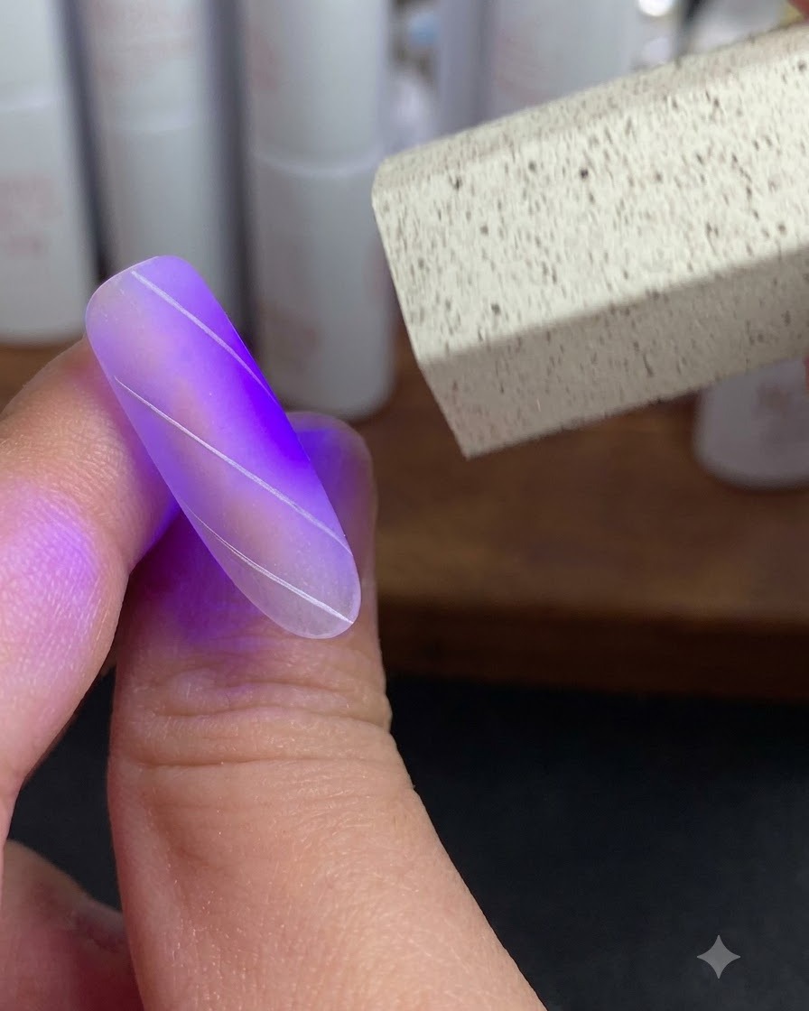 Ein Liner-Pinsel fügt kreuzende Linien hinzu, um das weiße Gitterdesign auf einem Nagel zu vollenden.
