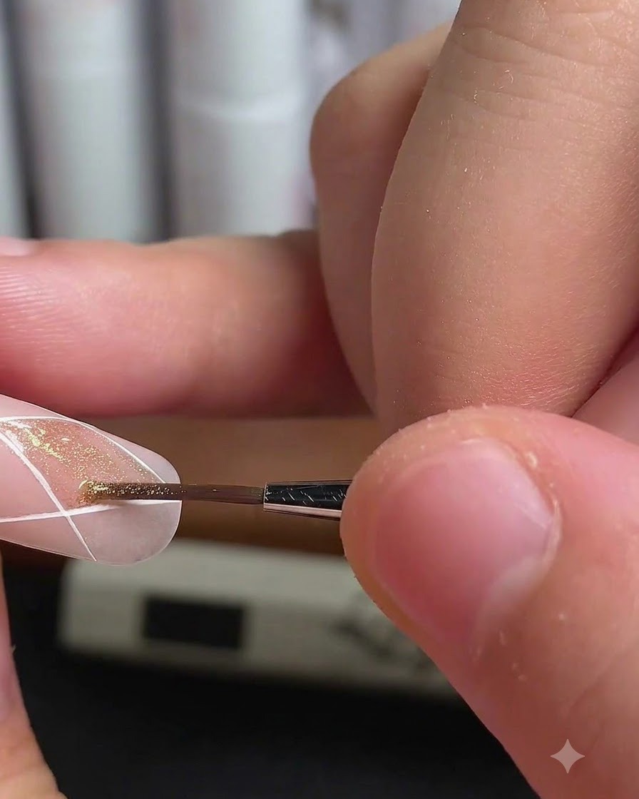 Ein feiner Pinsel trägt goldenen Cat-Eye-Lack in einen Rautenabschnitt auf einem Nagel auf.