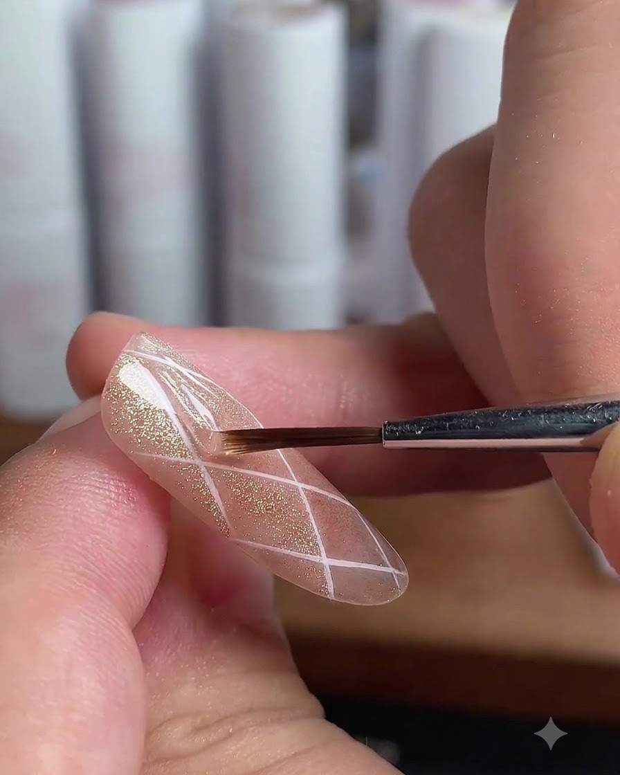 Ein Pinsel trägt Top Coat auf einzelne Rautenabschnitte eines Nagels auf.