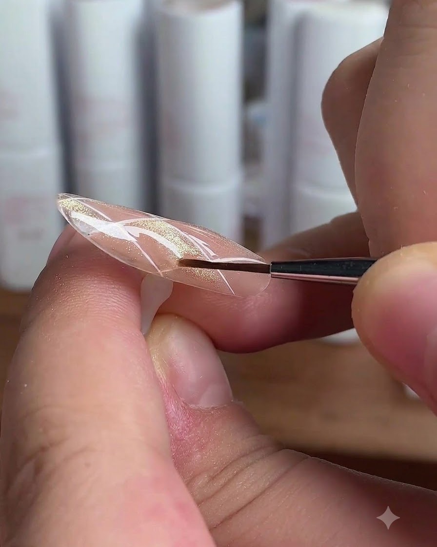 Ein Nagel mit dimensionalem Top Coat unter einer UV-Lampe.
