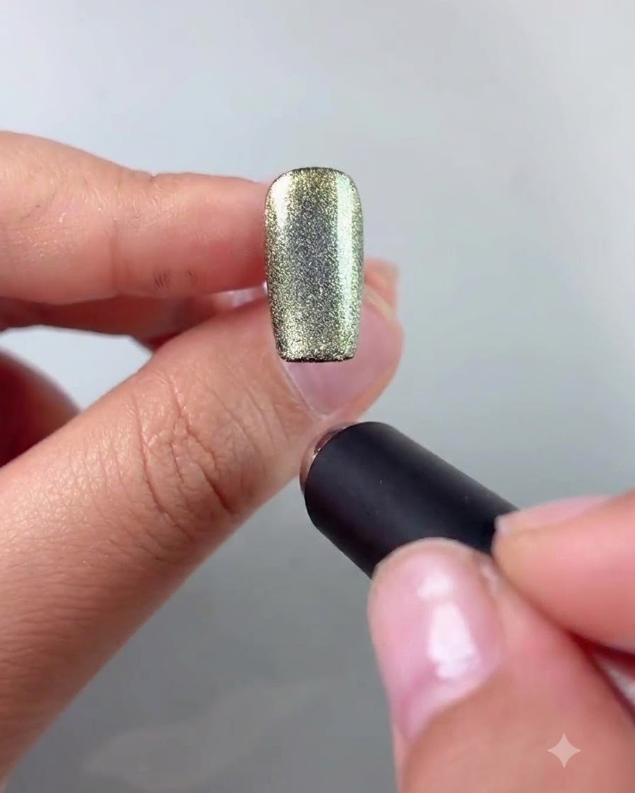 Ein Magnetstab wird in die Nähe der Seite eines schimmernden gold- und grünfarbenen Cat-Eye-Nagelstücks gehalten.