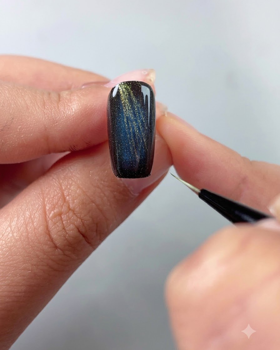 Ein feiner Liner-Pinsel zeichnet zarte goldene Linien ausgehend von der hinteren Kante eines Cat-Eye-Nagelstücks.