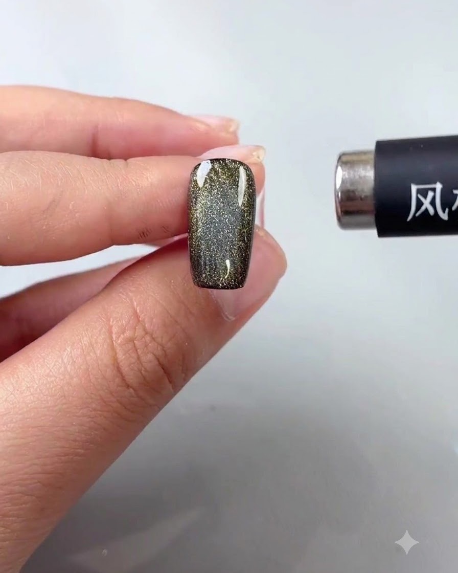 Ein Magnetstab wird nahe an ein Cat-Eye-Nagelstück gehalten, um die Partikel zu einem hellen Perleneffekt zu wirbeln und zu sammeln.