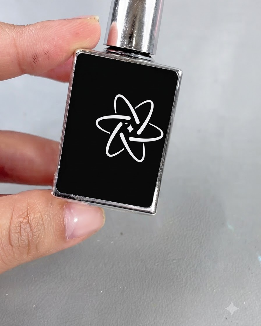 Eine schwarze Flasche mit silberner Kappe und einem weißen atomähnlichen Symbol mit Text, die weiches Verstärkungsgel darstellt.