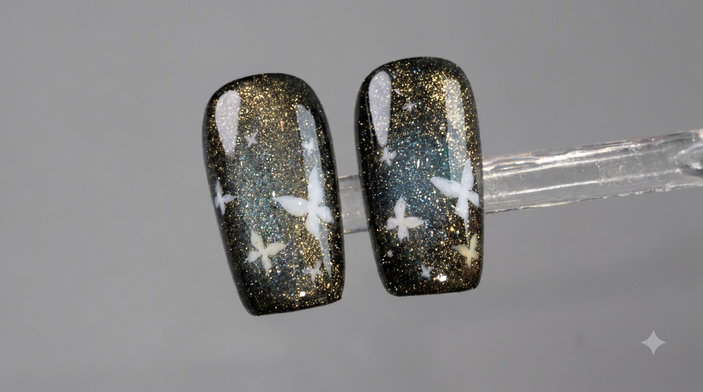 Fallende Sterne crushed Gold Schmetterling Cat-Eye-Nägel — Schritt-für-Schritt-Anleitung