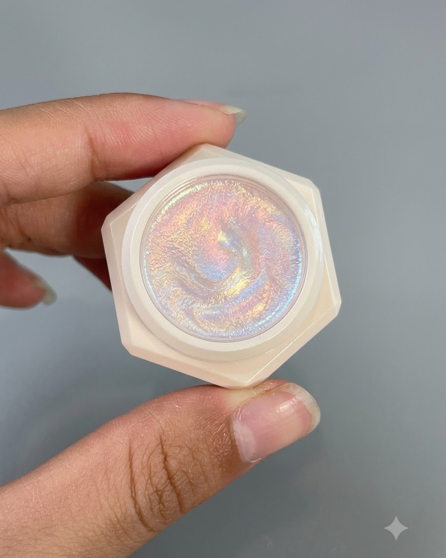 Ein kleiner Behälter mit der schimmernden Oberfläche von zartem Perlglanz-Gel Nummer 3.