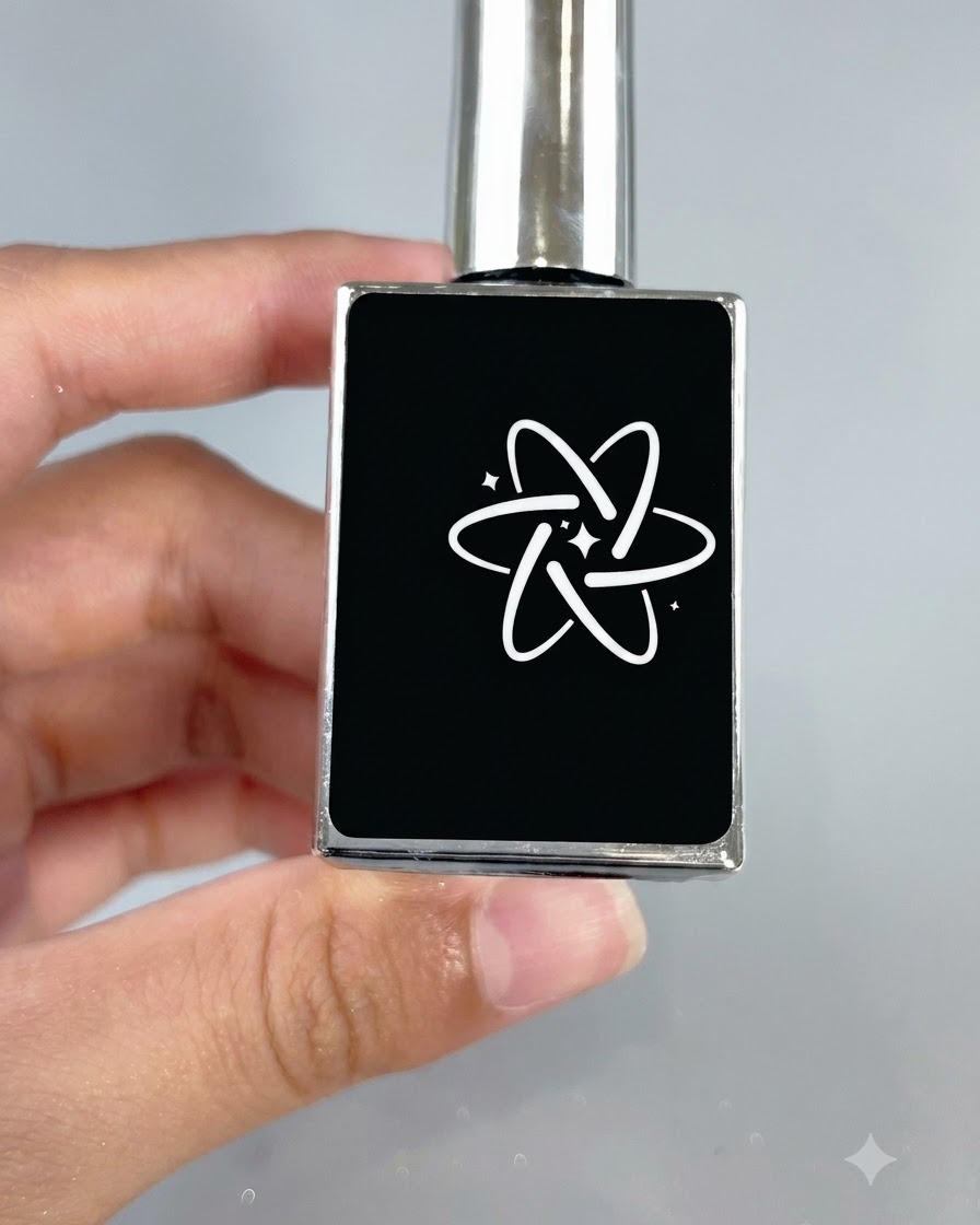 Eine elegante schwarze Flasche als Symbol für Soft Builder Gel mit einem weißen sternförmigen Logo.