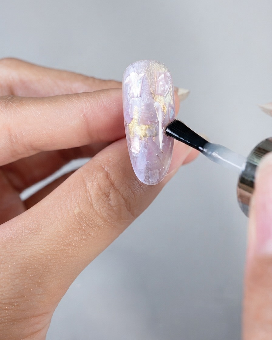 Ein Pinsel trägt eine klare Schicht Soft Builder Gel über die mit Muscheln verzierte Nageloberfläche auf.