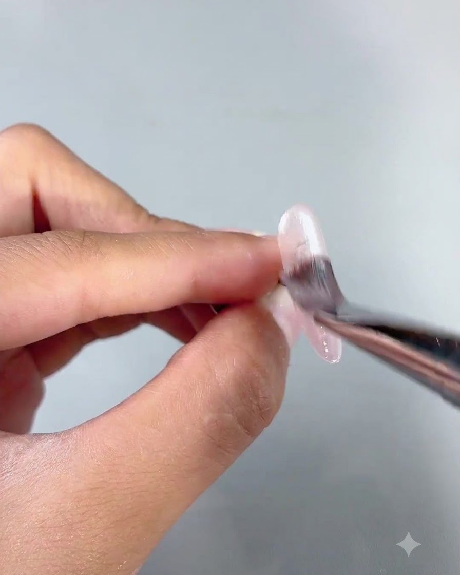 Ein Nagelpinsel trägt klares Aqua-Gel auf eine zwischen den Fingern gehaltene Nagelverlängerung auf.