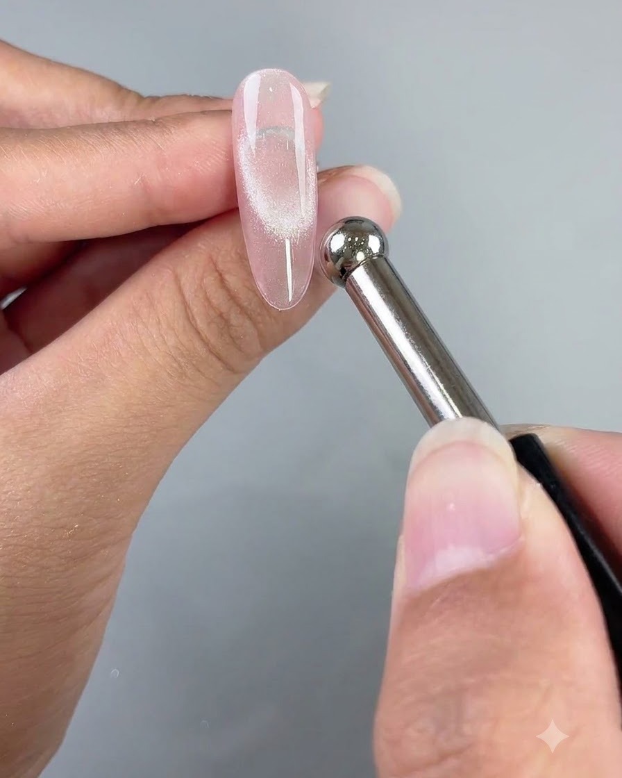 Ein Magnetstab schwebt neben einem pink-klaren Cat-Eye-Gel-Nagel, um eine konzentrierte Lichtreflexion zu erzeugen.