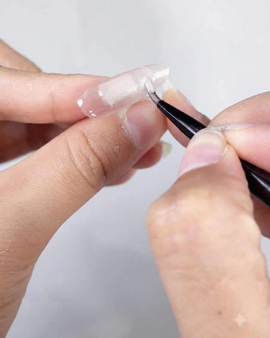 Ein Kunst-Linienpinsel taucht in zartes Perlglanz-Gel Nummer 3 über einem vorbereiteten Nagel ein.