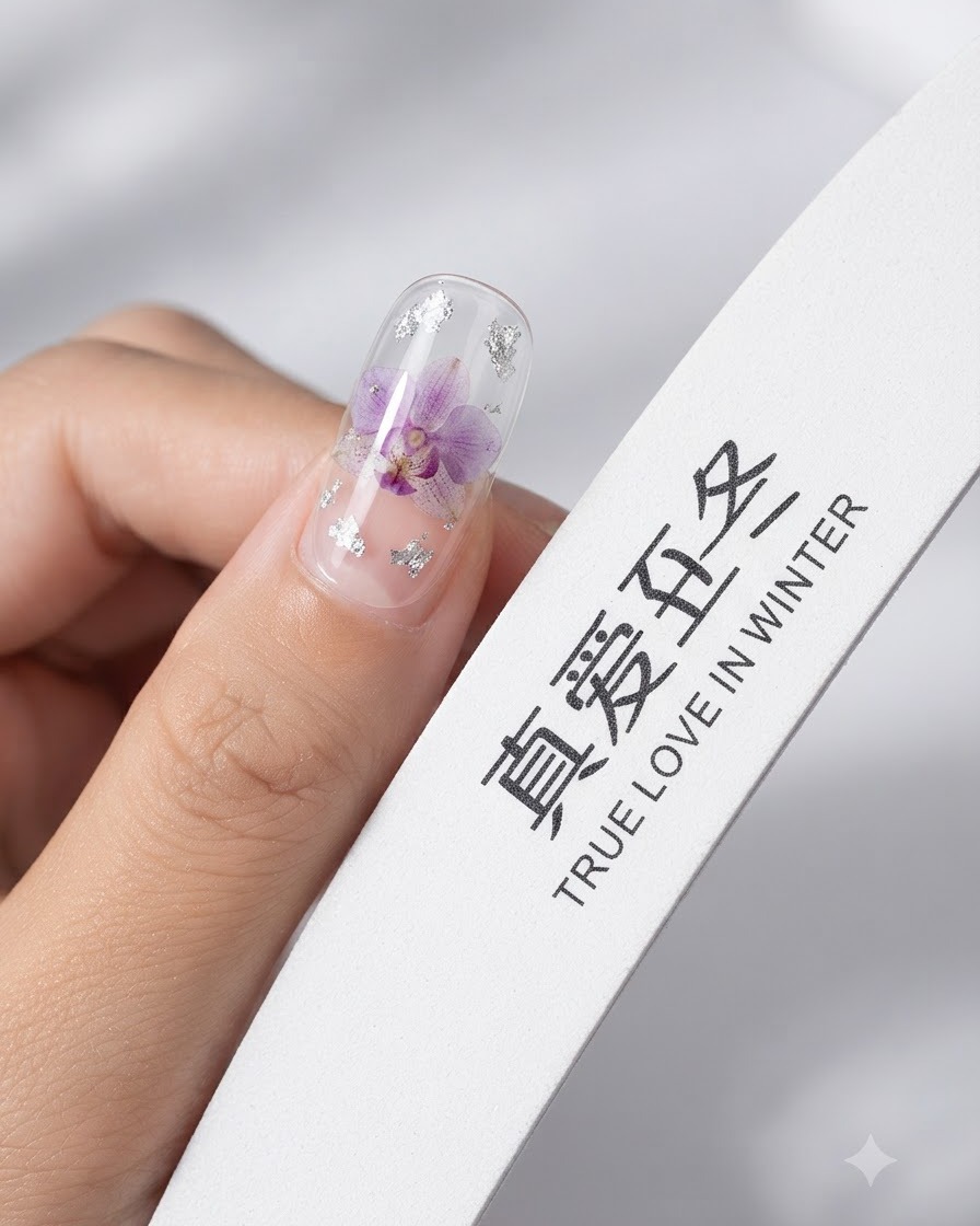 Eine Nagelfeile glättet die Oberfläche eines klaren Kunstnagels, der mit lila Blumendetails und Silberfolienflocken geschmückt ist.