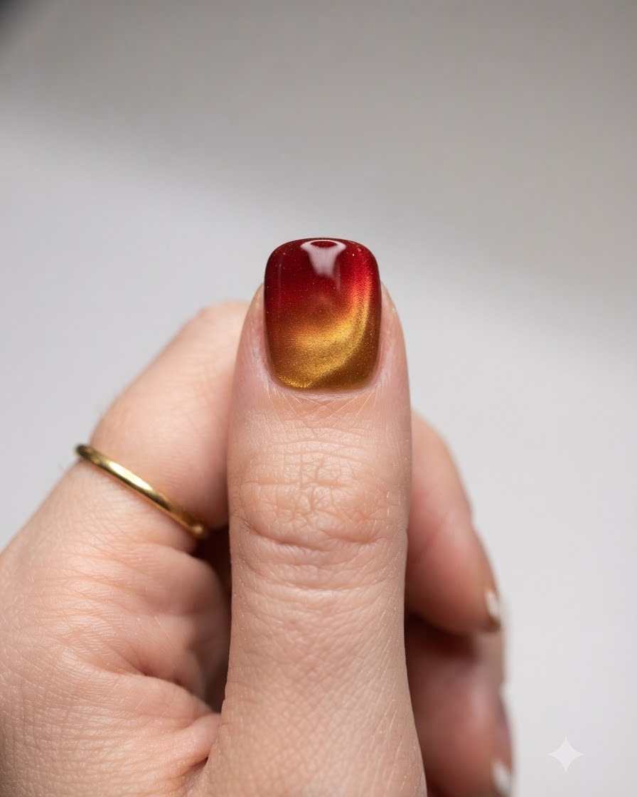 Eine Nahaufnahme eines Magnetstabs, der in die Nähe eines gelb lackierten Cat-Eye-Gel-Daumennagels gehalten wird.