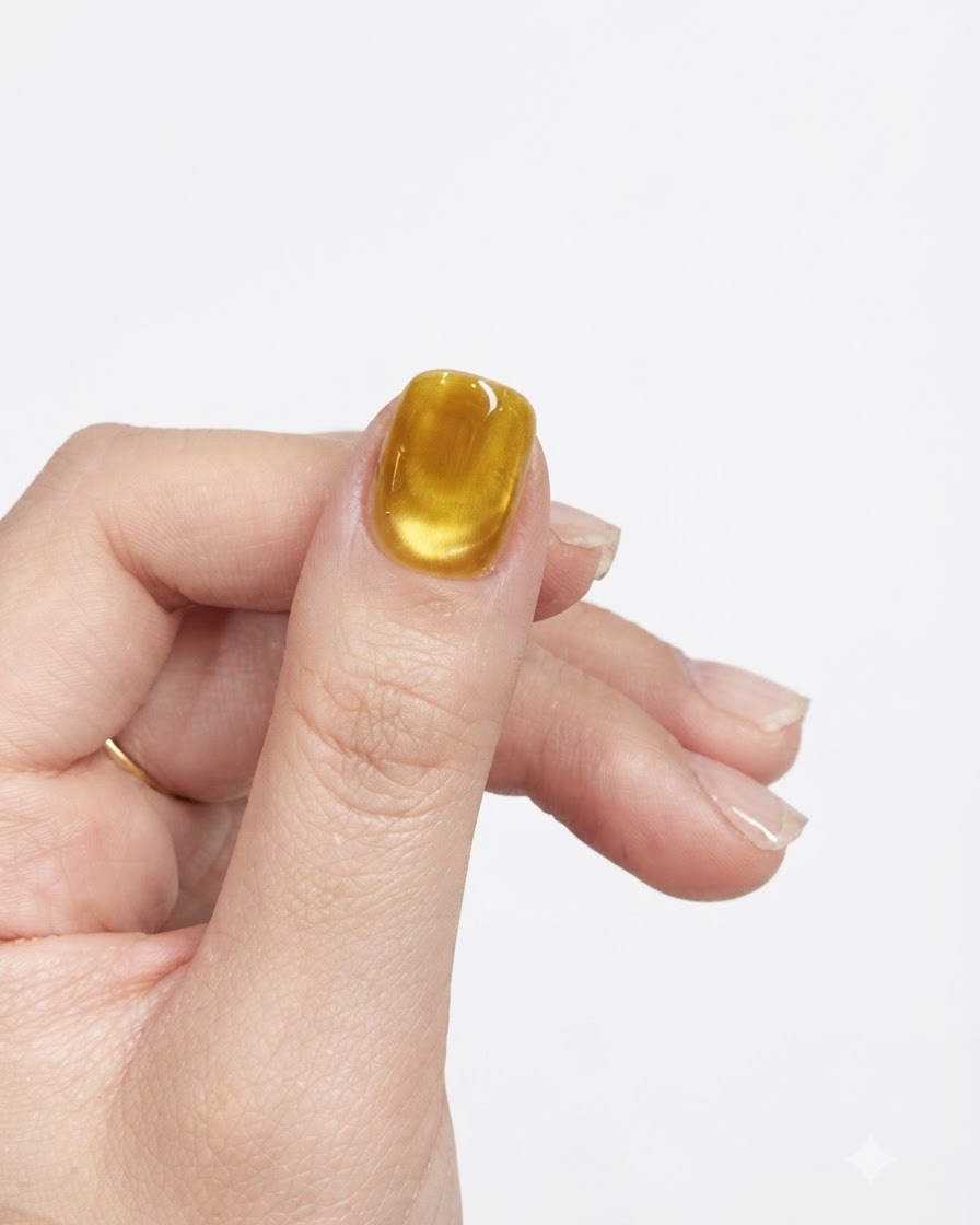 Eine klare Präsentation einer vollständig ausgehärteten gelben Cat-Eye-Gelbasis auf einem Daumennagel vor neutralem Hintergrund.