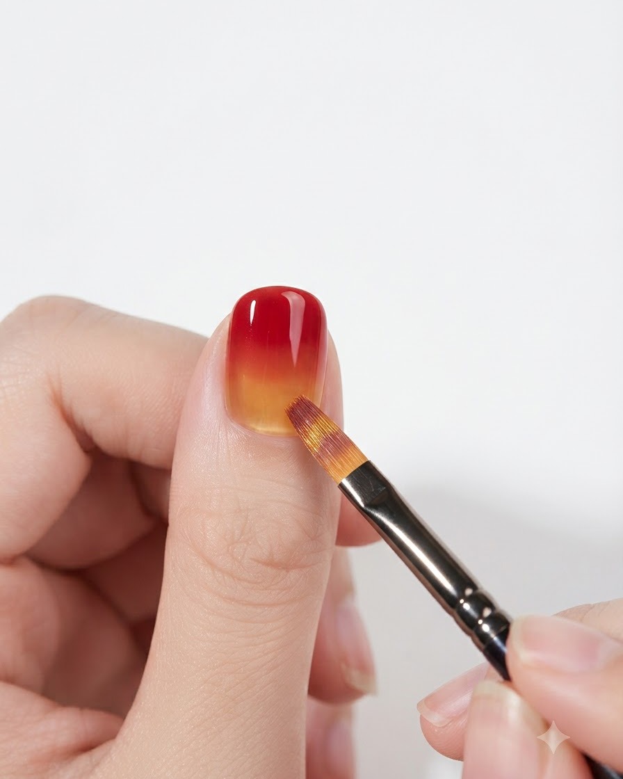 Ein flacher Gelpinsel verblendet sanft die rote und gelbe Übergangszone auf einem Nagel.