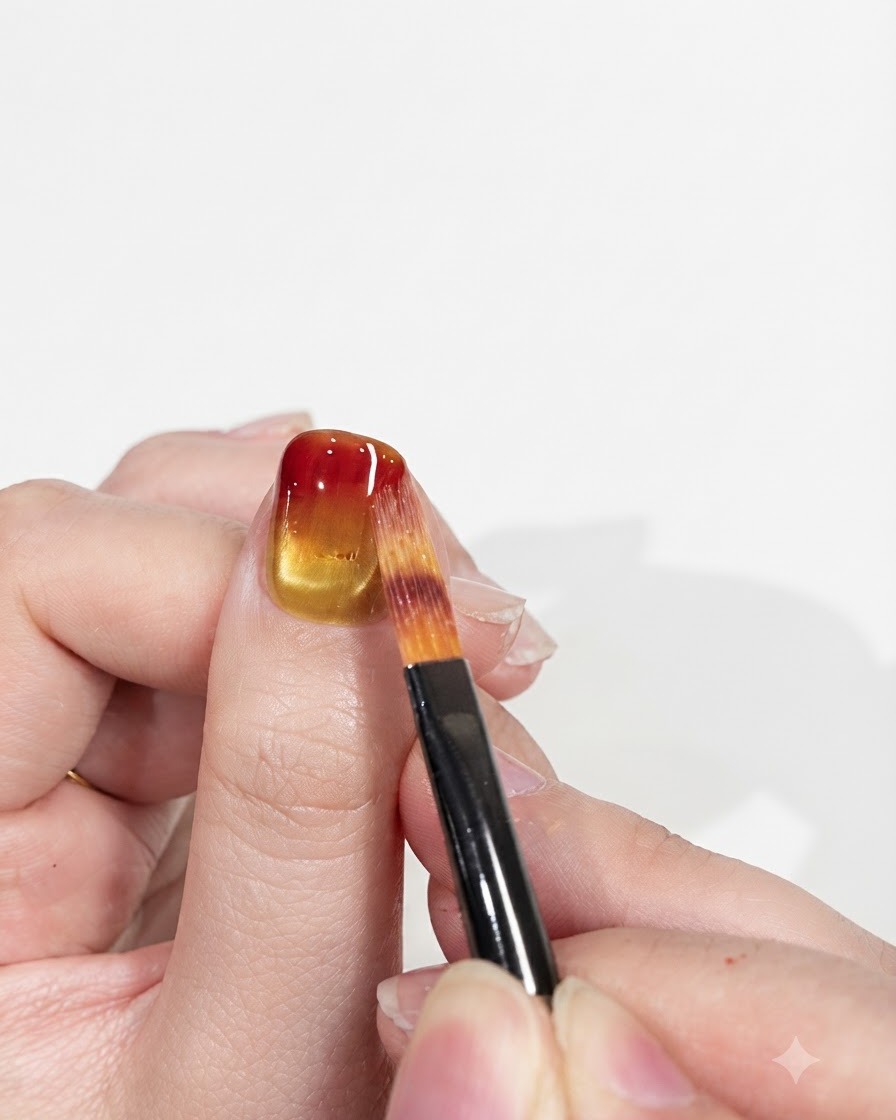 Eine Mini-UV-/LED-Nagellampe direkt über einem Finger positioniert, die das rot-gelbe Farbverlaufs-Geldesign aushärtet.