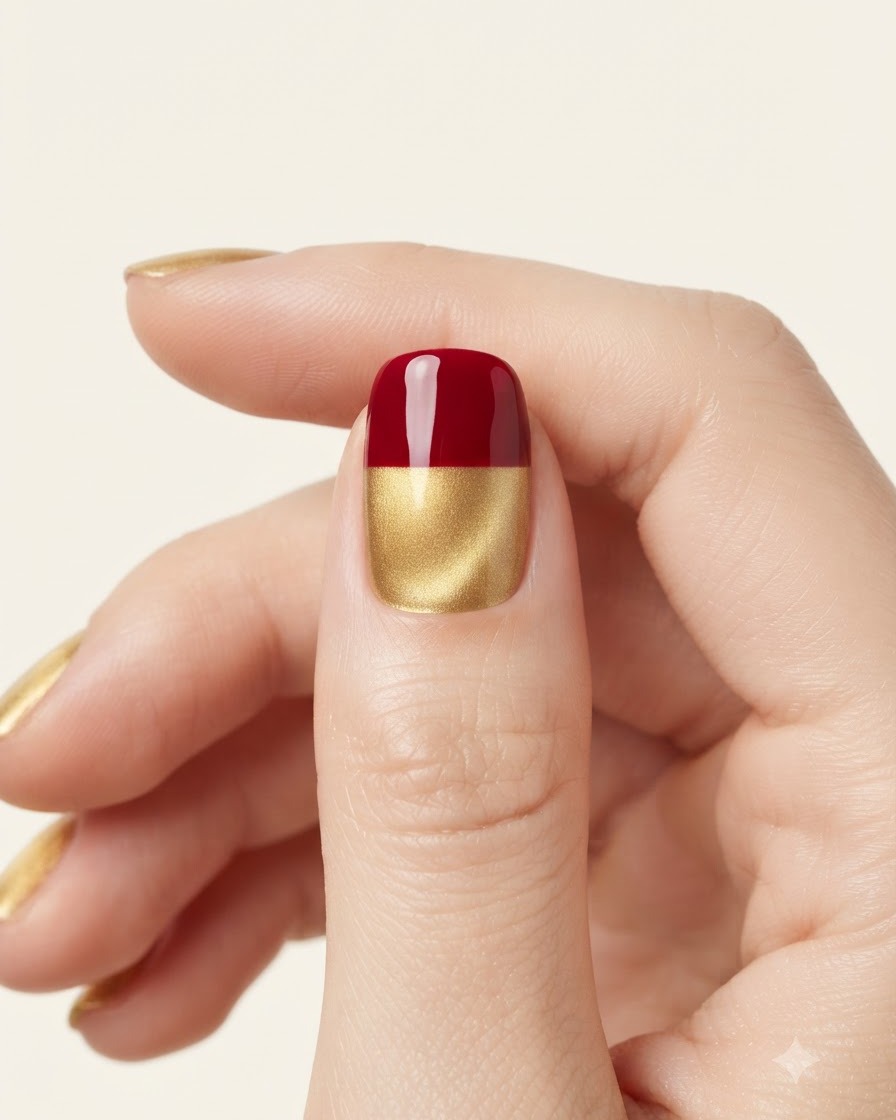 Eine Nahaufnahme eines Daumennagels mit einem präzisen Block roten Gel-Polishes an der Spitze über einer goldenen Basis.