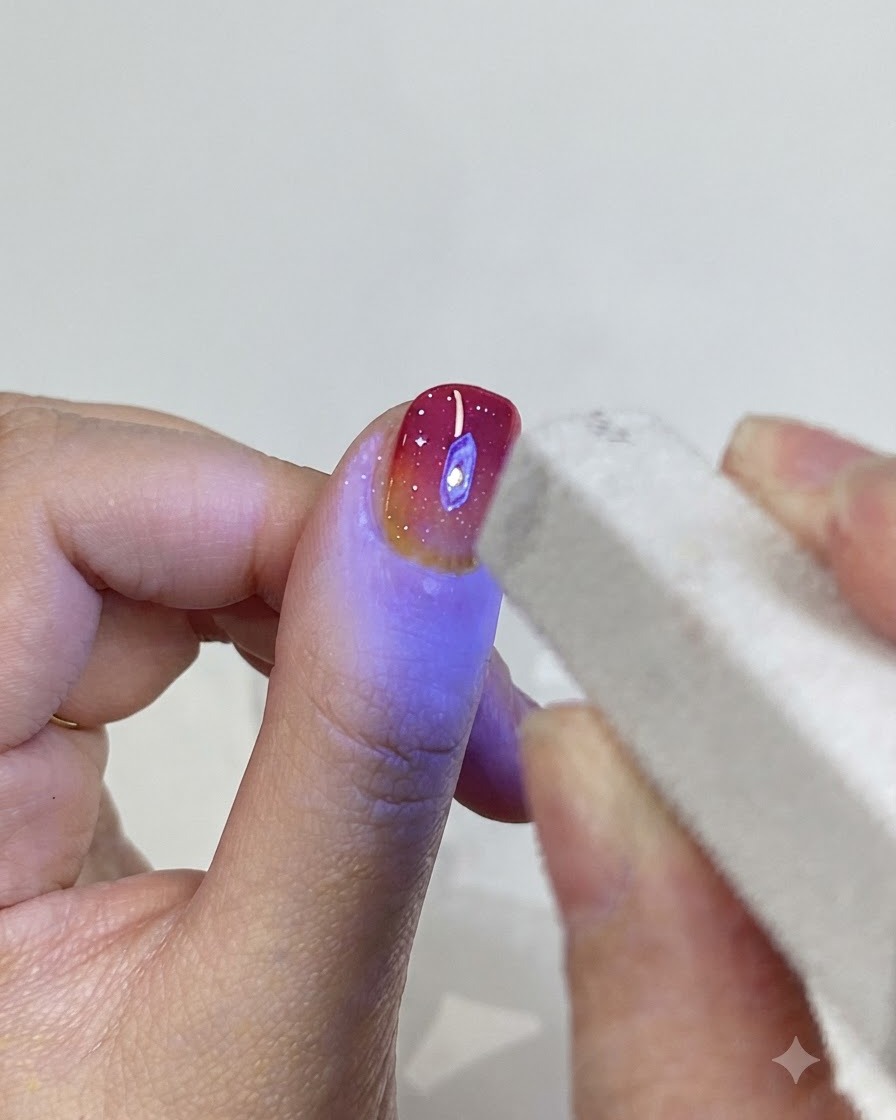 Eine Mini-UV-/LED-Lampe strahlt während des Aushärtungsvorgangs blaues Licht auf eine Hand.