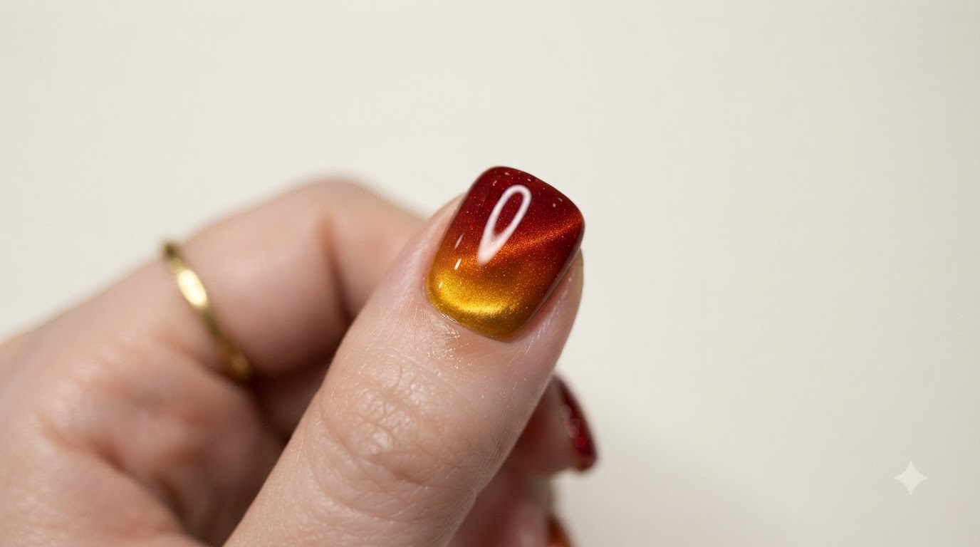 Orange- und gelbes Cat-Eye-Farbverlauf-Nageldesign — Schritt-für-Schritt-Anleitung
