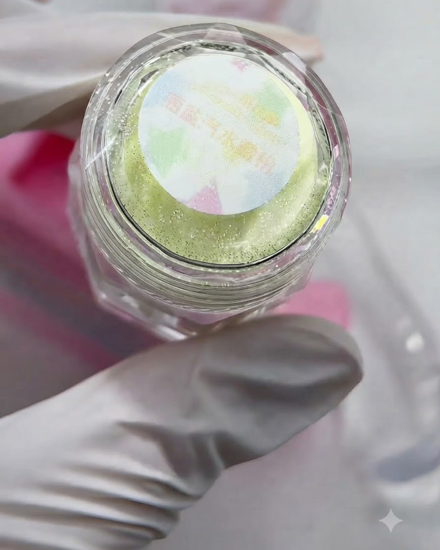 Ein kleines Werkzeug streut funkelndes gelbes Glitzerpulver über aufgetragene Gelflammenlinien.