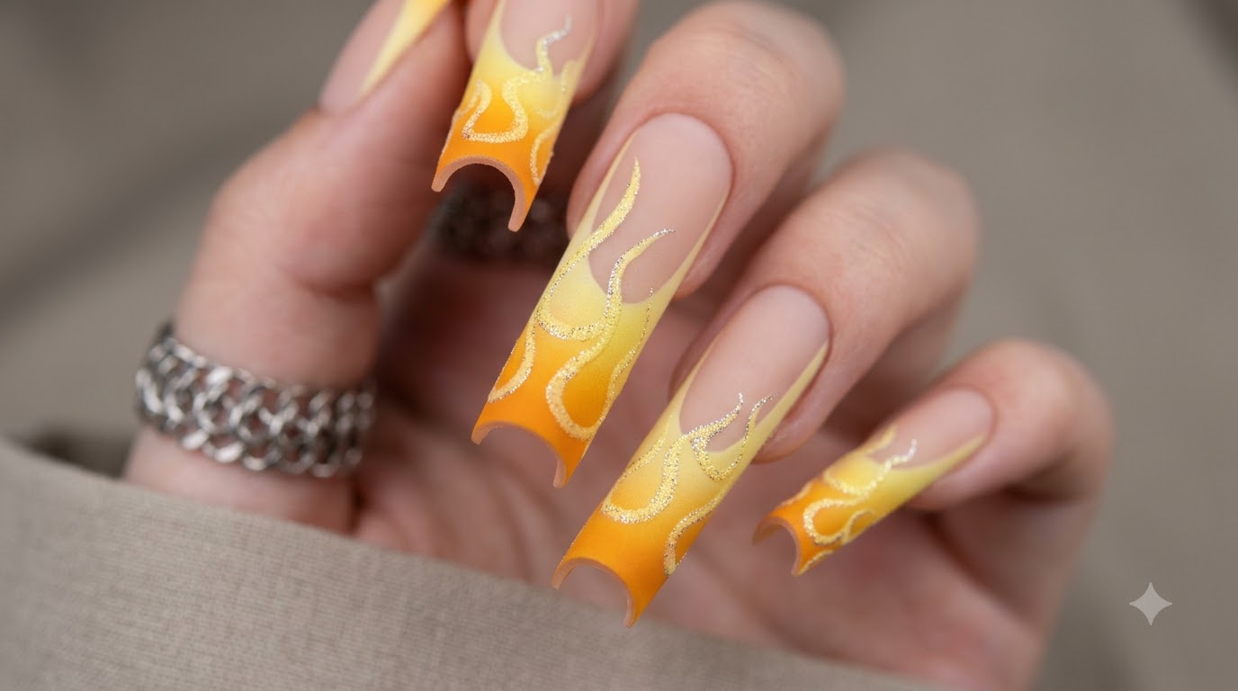 Orange Flammen Nageldesign mit silbernen Glitzer-Akzenten — Schritt-für-Schritt-Anleitung